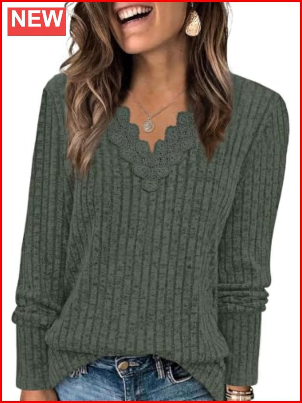 Long Sleeve V Neck Tunic Top with Lace Trim, Ribbed Knit Blouse for Women,